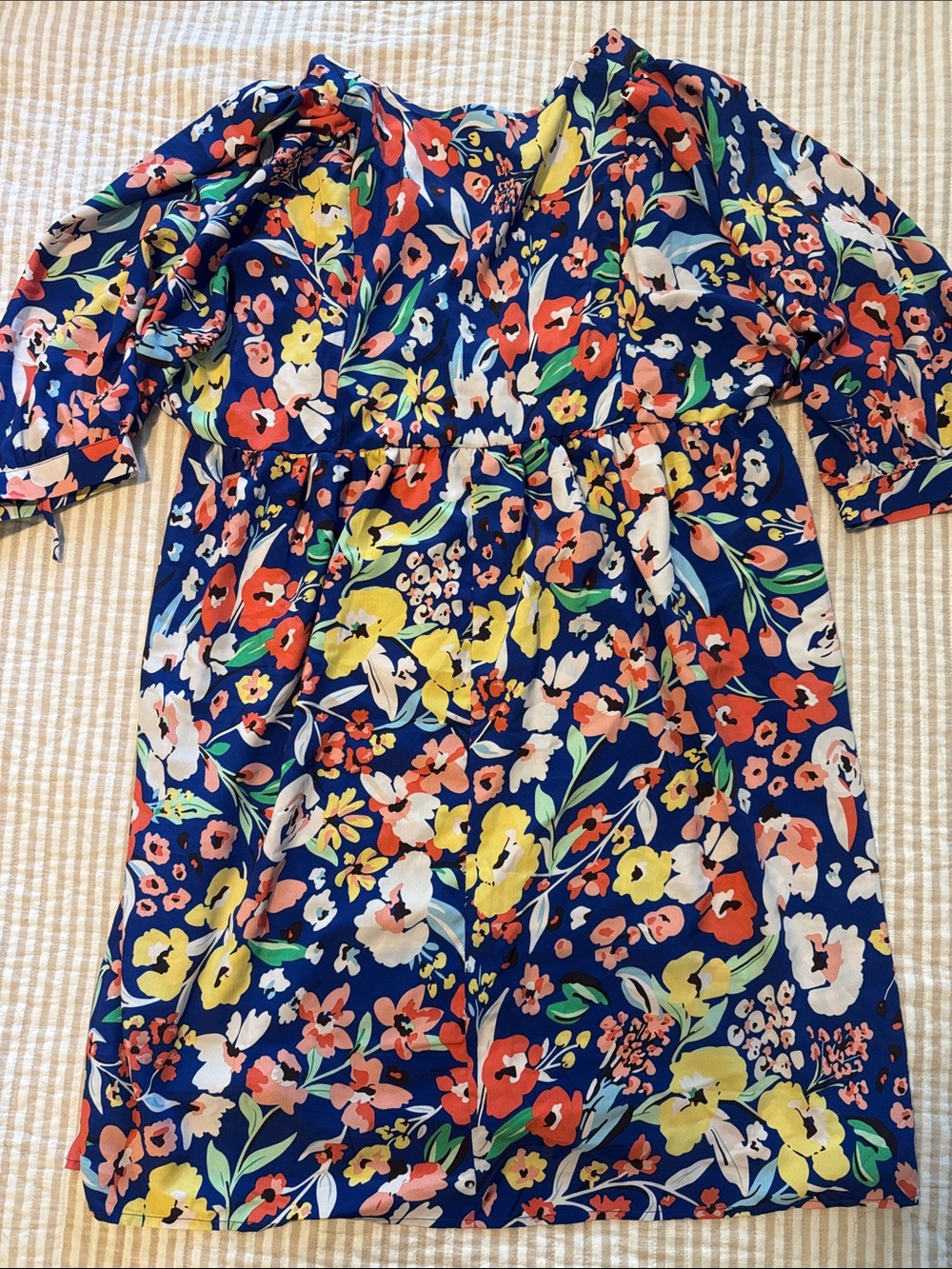 Navy Floral Puff-Sleeve Dress with Bright Blooms
